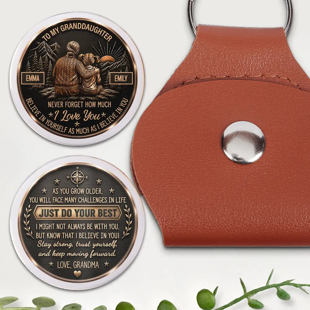 Top Market,Gift For Grandchildren,Gift For Grandkids,Inspirational,Gift For Grandma,Grandma - Grandkids,Vector - Grandma & Granddaughter Grandson Just Do Your Best - Personalized Leather Pocket Hug