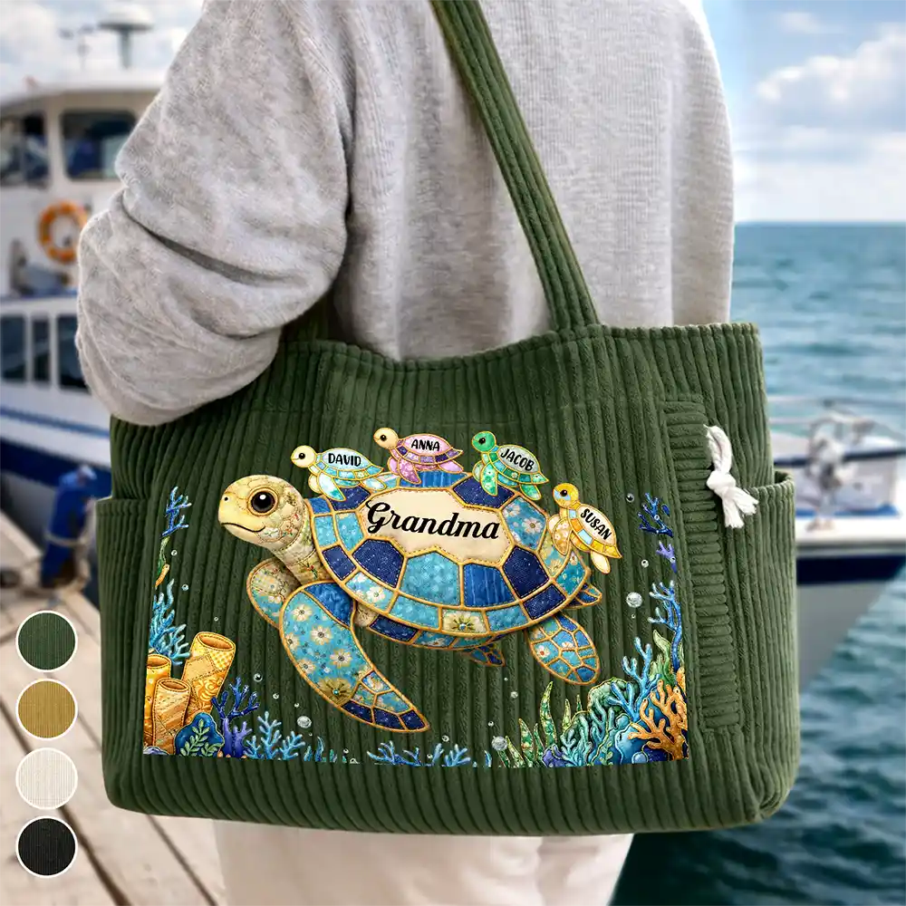 Happy,Gift For Wife,Gift For Yourself,Gift For Women,Gift For Mother,Gift For Grandma,Icon - Grandma Mom Turtle Faux Patchwork - Personalized Corduroy Tote Bag