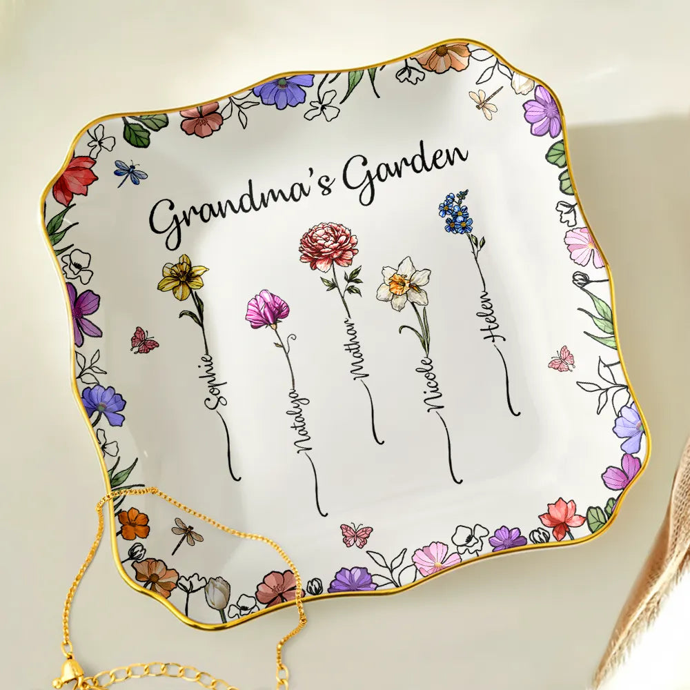 Grandma's Garden Birth Flower - Personalized Lace Square Jewelry Dish