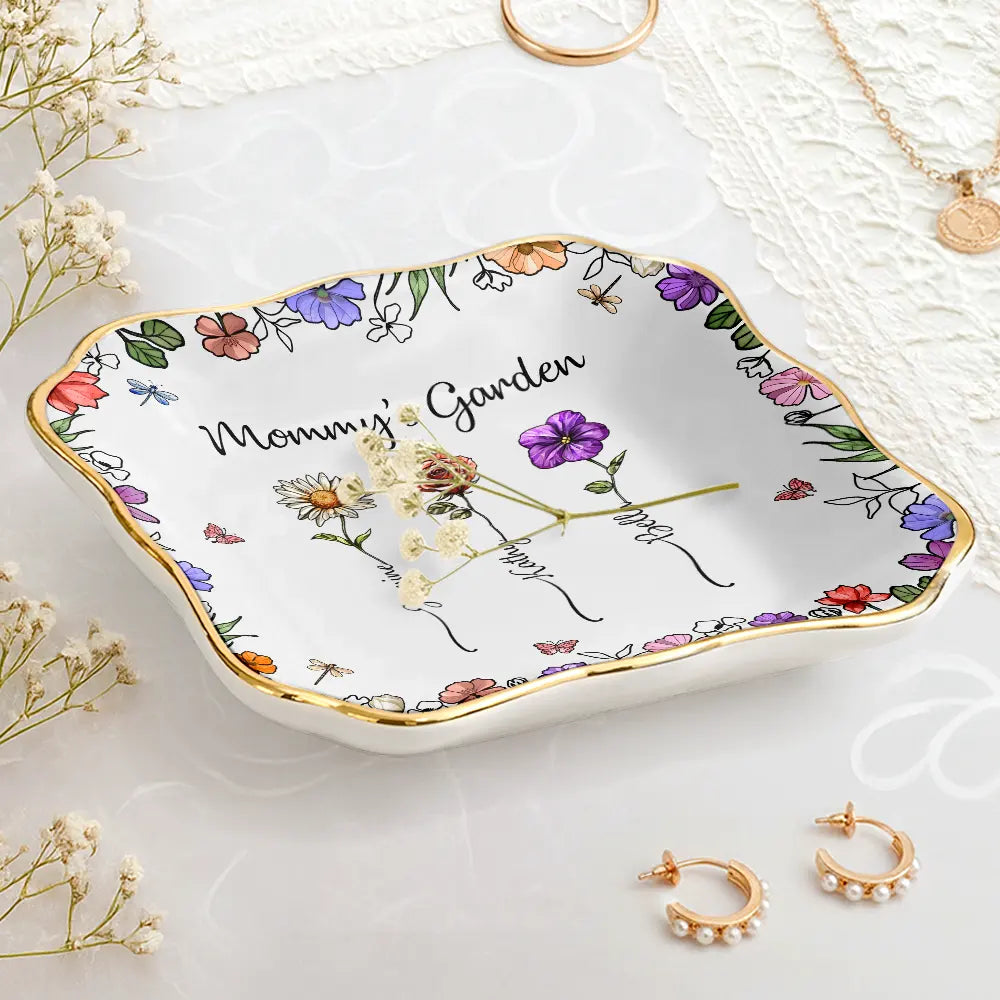 Gift For Grandma, Gift For Mother, Love - Grandma's Garden Birth Flower - Personalized Lace Square Jewelry Dish