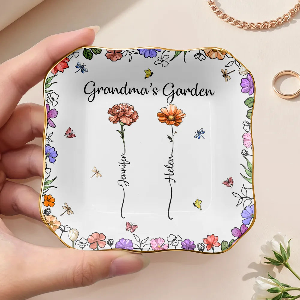 Gift For Grandma, Gift For Mother, Love - Grandma's Garden Birth Flower - Personalized Lace Square Jewelry Dish