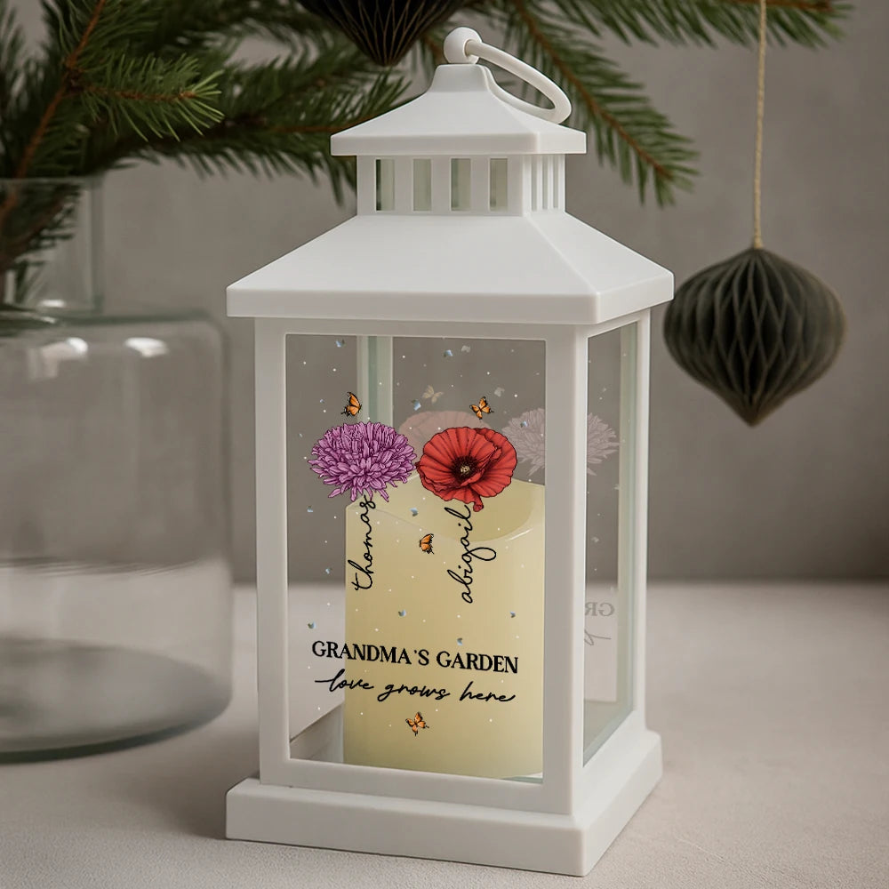 Gift For Grandma, Gift For Mother, Gift For Wife, Gift For Women, Happy - Grandma's Garden Birth Month Flowers - Personalized LED Candle Lantern