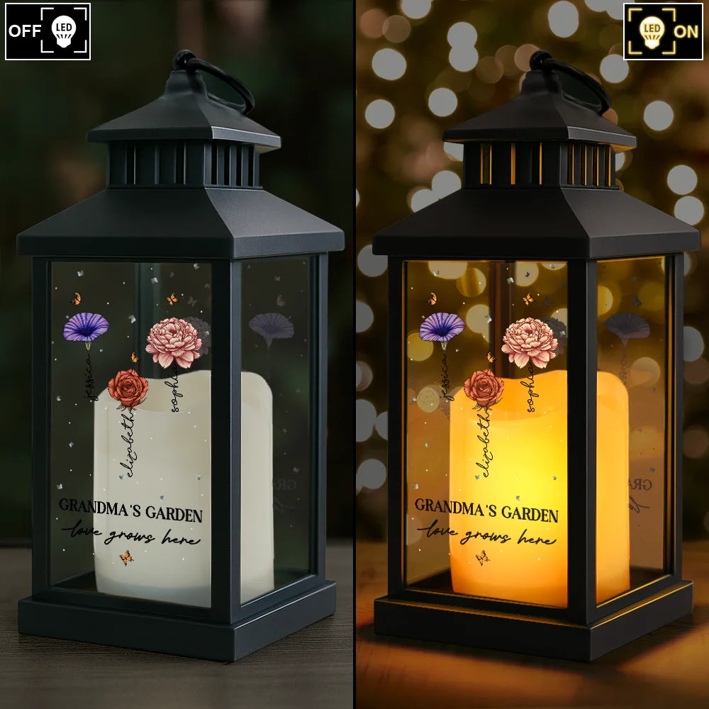 Gift For Grandma, Gift For Mother, Gift For Wife, Gift For Women, Happy - Grandma's Garden Birth Month Flowers - Personalized LED Candle Lantern