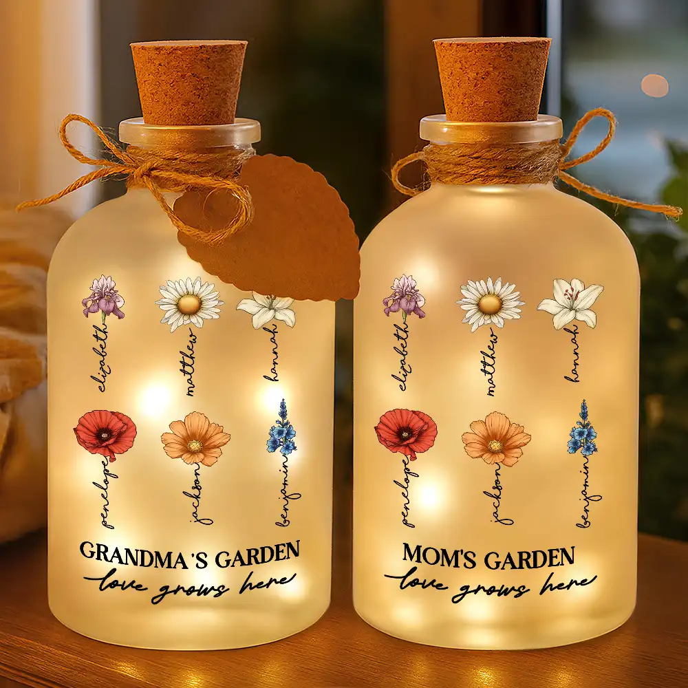 Gift For Grandma, Gift For Mother, Gift For Wife, Gift For Women, Happy - Grandma's Garden Birth Month Flowers - Personalized Short Bottle Light