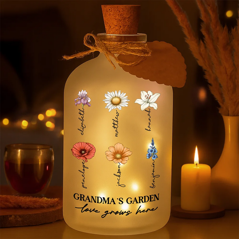 Gift For Grandma, Gift For Mother, Gift For Wife, Gift For Women, Happy - Grandma's Garden Birth Month Flowers - Personalized Short Bottle Light
