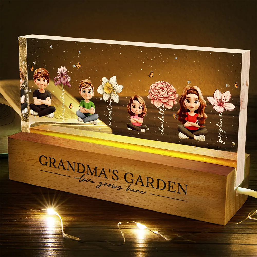 Gift For Grandma,Gift For Mother,Gift For Wife,Gift For Women,Happy - Grandma's Garden Birth Month Flowers 3D Effect Children - Personalized Rectangle LED Light