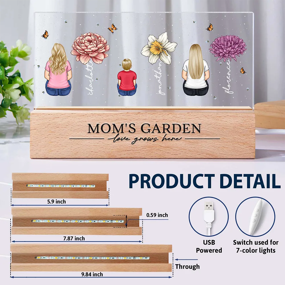 Gift For Grandma,Gift For Mother,Gift For Wife,Gift For Women,Happy - Grandma's Garden Birth Month Flowers Backside Children - Personalized Rectangle LED Light