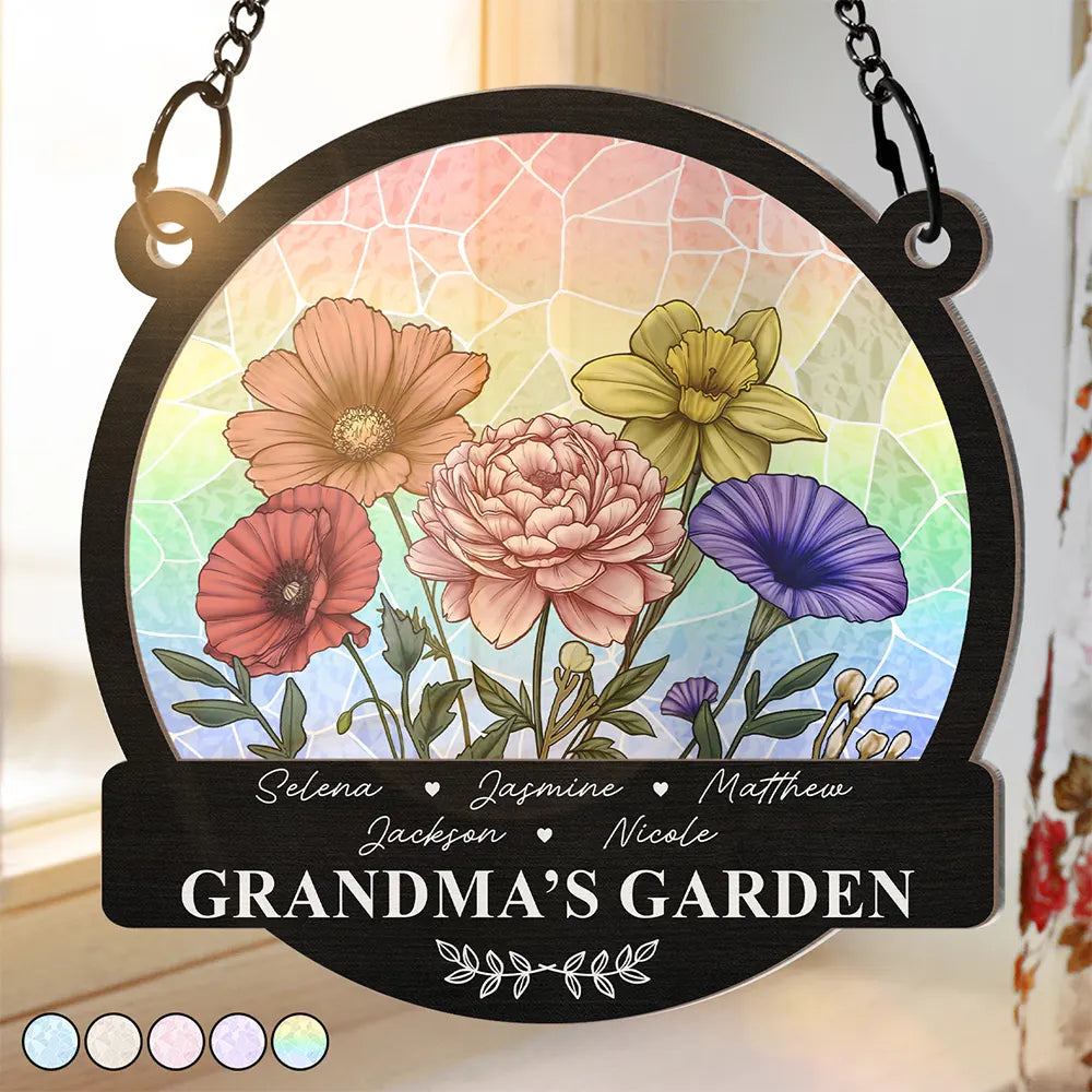Gift For Grandma, Gift For Mother, Gift For Wife, Happy - Grandma's Garden Nana Mom Nanny Birth Flowers - Personalized Window Hanging Suncatcher Ornament