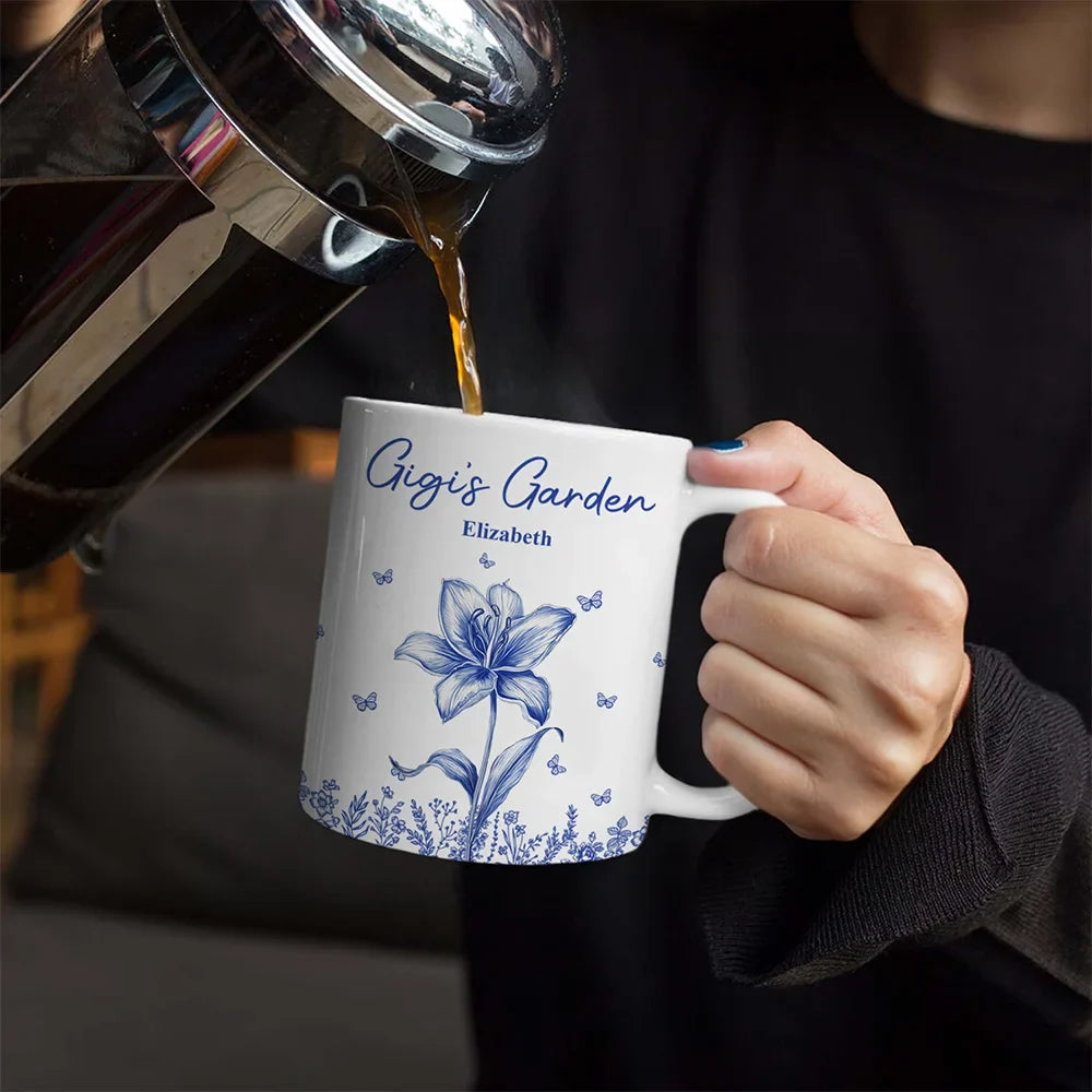 Gift For Grandma,Gift For Mother,Gift For Wife - Grandma's Garden Toile Birth Flower - Personalized White Edge-to-Edge Mug