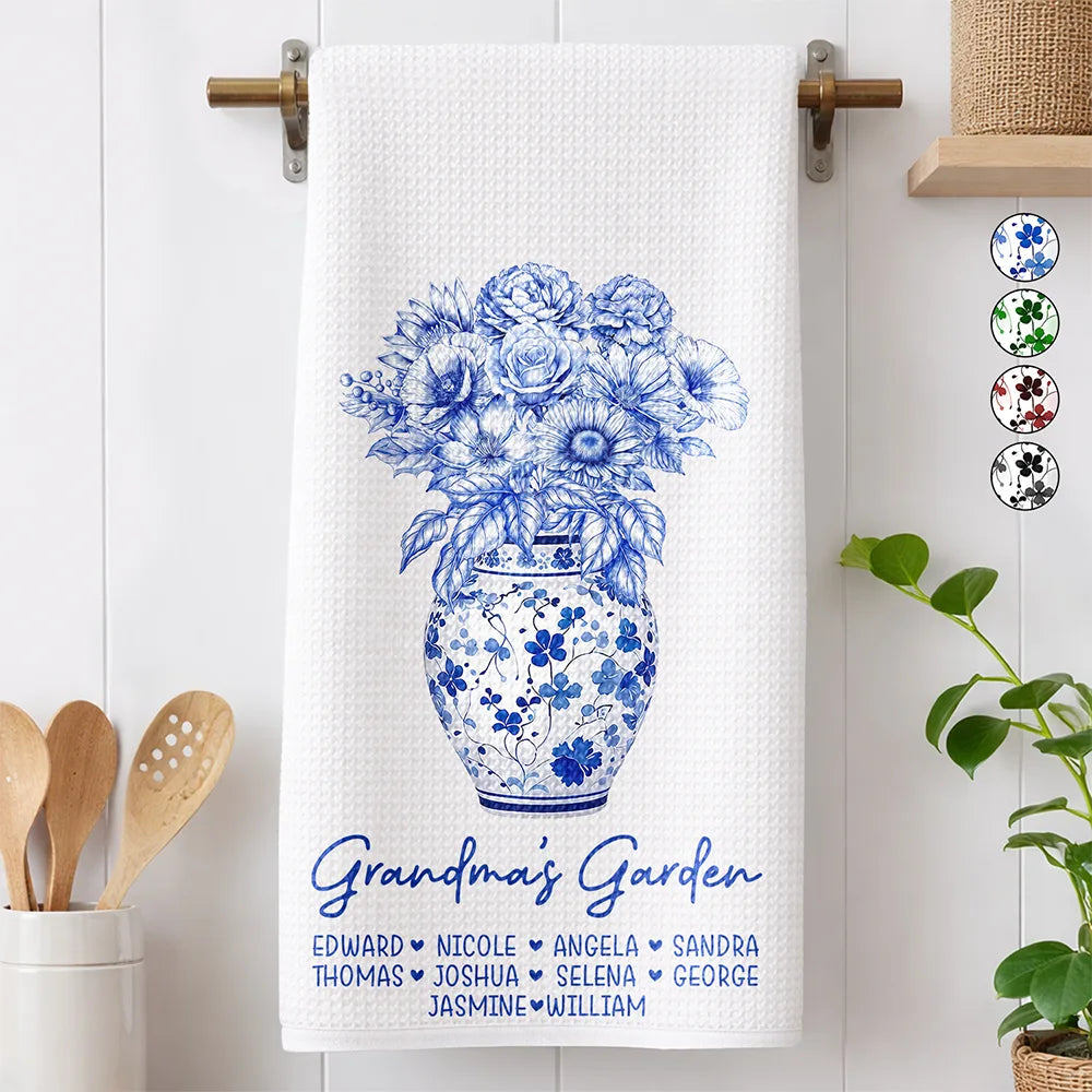 Gift For Wife, Gift For Mother, Gift For Grandma, Happy - Grandma's Garden Toile Birth Flower Vase - Personalized Kitchen Towel