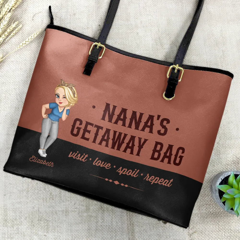 Gift For Mother,Gift For Grandma,Happy,Gift For Wife - Grandma's Getaway Bag - Personalized Leather Tote Bag