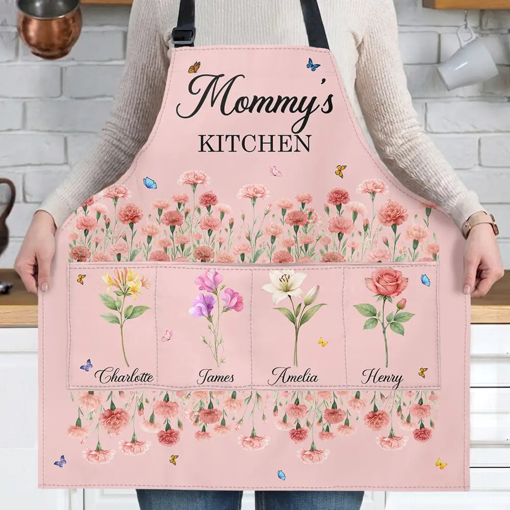 Gift For Mother,Gift For Grandma,Love - Grandma's Kitchen Watercolor Birth Month Flower - Personalized Apron