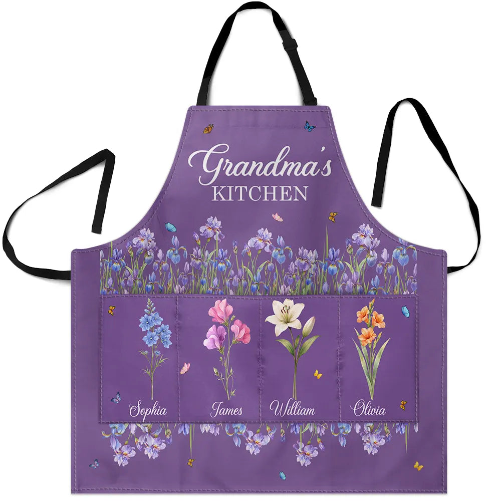 Gift For Mother,Gift For Grandma,Love - Grandma's Kitchen Watercolor Birth Month Flower - Personalized Apron