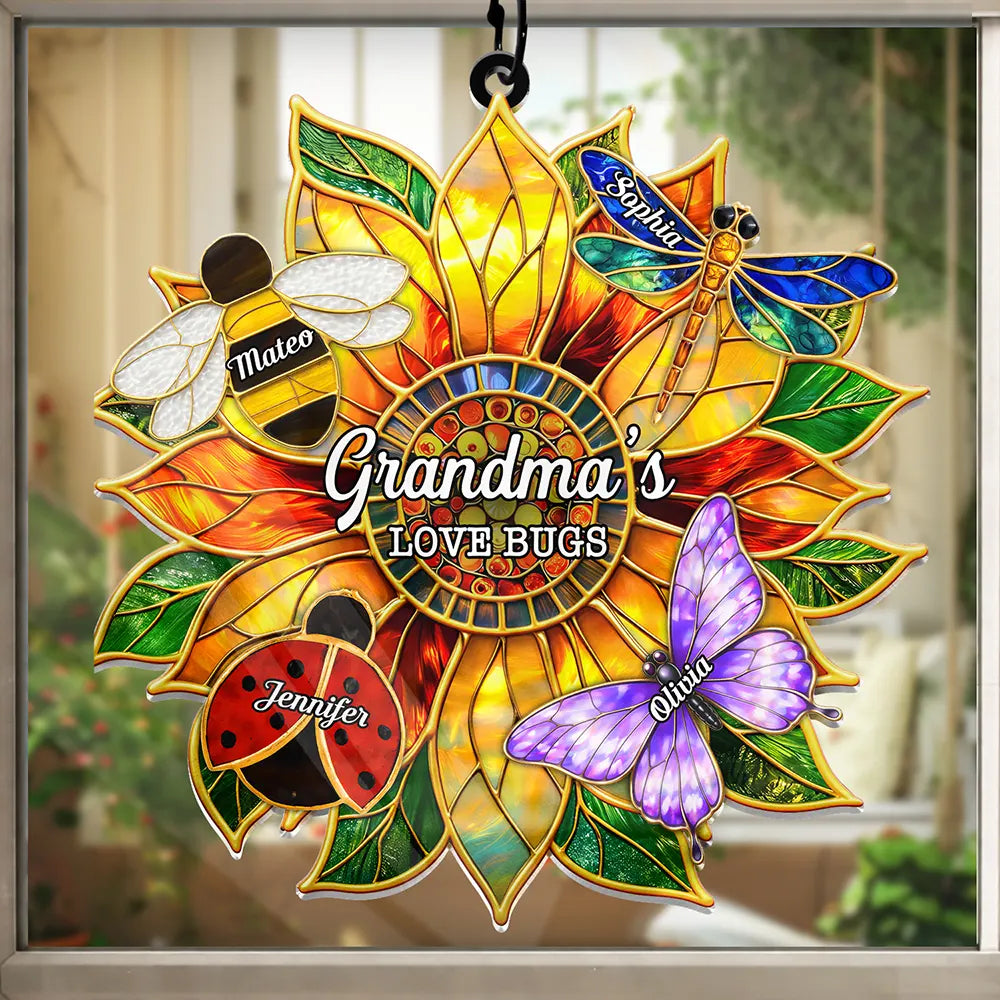 Grandma's Love Bugs Stained Glass Effect - Personalized Window Hanging Suncatcher Ornament