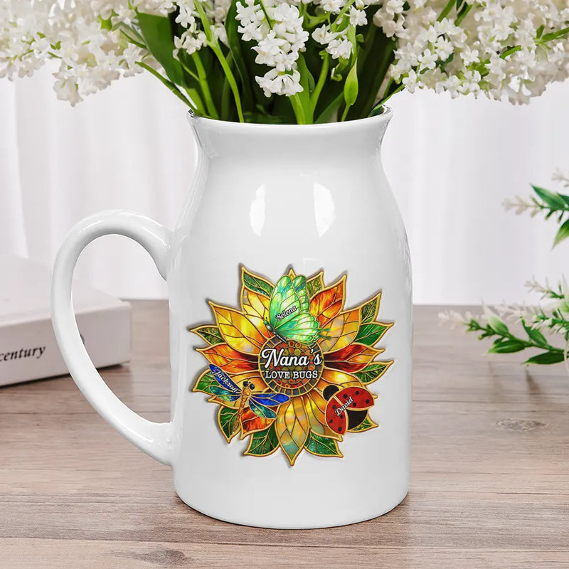 Gift For Grandma,Grandma - Grandkids,Grandma's Hobby,Gardening,Happy,Icon,Playful - Grandma's Love Bugs Stained Glass Effect - Personalized Ceramic Flower Vase
