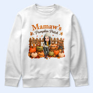Gift For Grandchildren,Gift For Grandkids,Gift For Grandma,Cozy,Grandma - Grandkids,Vector - Grandma's Pumpkin Patch Fall Vibes - Personalized T Shirt