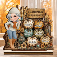 Gift For Grandchildren,Gift For Grandkids,Gift For Grandma,Cozy,Grandma - Grandkids,Vector - Grandma's Pumpkin Patch Leopard - Personalized Custom Shaped Wooden Plaque