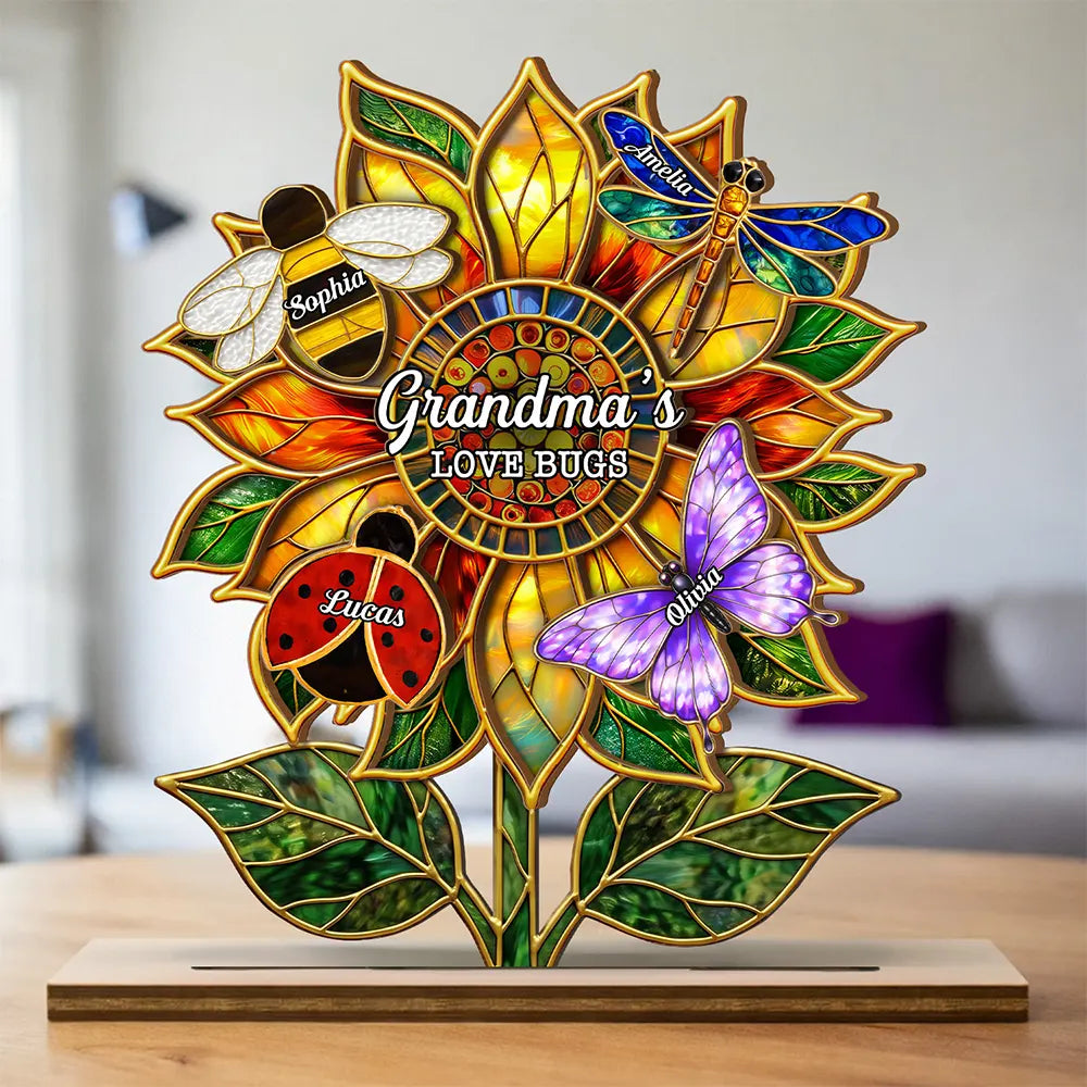Grandma's Love Bugs Stained Glass Effect - Personalized Custom Shaped Wooden Plaque