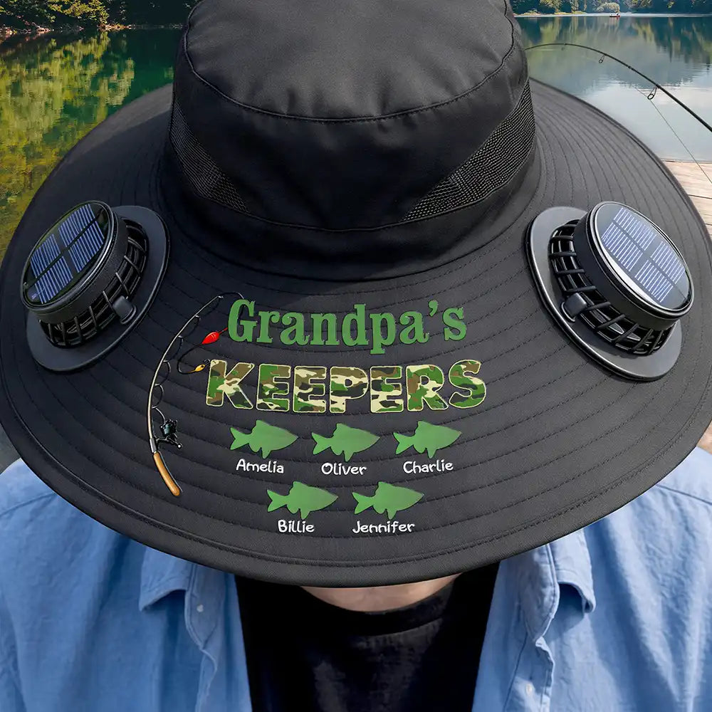 Gift For Grandpa,Gift For Father,Fishing,Happy,Icon - Grandpa's Keepers Camouflage Pattern - Personalized Solar Fan Hat