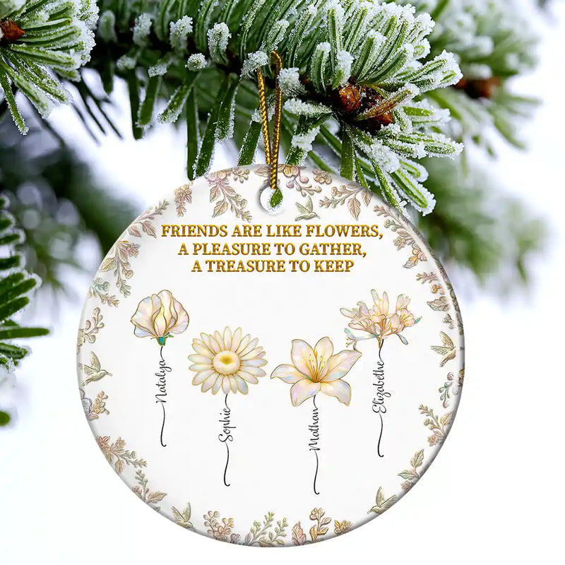 Happy,Gift For Bestie,Old Best friends,Christmas - Grow An Old Friend Birth Flower Nacre Effect - Personalized Circle Ceramic Ornament