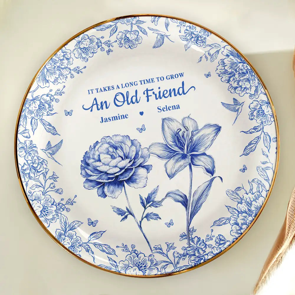 Happy, Gift For Bestie, Old Best friends, Gifts For Colleagues, Gift For Sisters - Grow An Old Friend Toile Birth Flower - Personalized Round Ring Dish