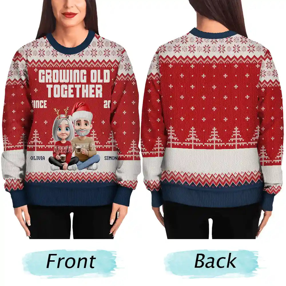 Christmas,Gift For Couples,Old Couples,Gift For Husband,Gift For Wife,Gift For Boyfriend,Happy - Growing Old Together Since 3D Couple - Personalized Unisex Ugly Sweater