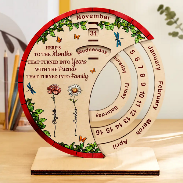 Gift For Bestie,Christmas,Love - Friends That Turned Into Family Birth Flower Bestie - Personalized Spinning Perpetual Desk Calendar
