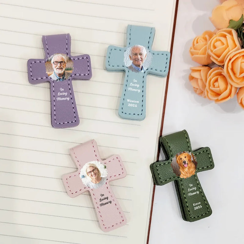 Gift For Yourself,Reading,Christian,Love - Custom Photo In Loving Memory Memorial - Personalized Cross Leather Magnetic Bookmark