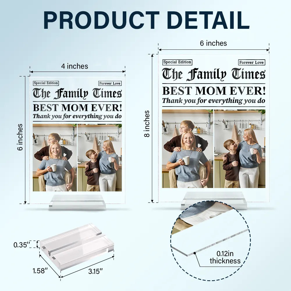 Gift For Mother,Gift For Father,Gift For Women,Gift For Men,Love - Custom Photo Best Mom Dad Ever Newspaper Theme - Personalized Vertical Rectangle Acrylic Plaque