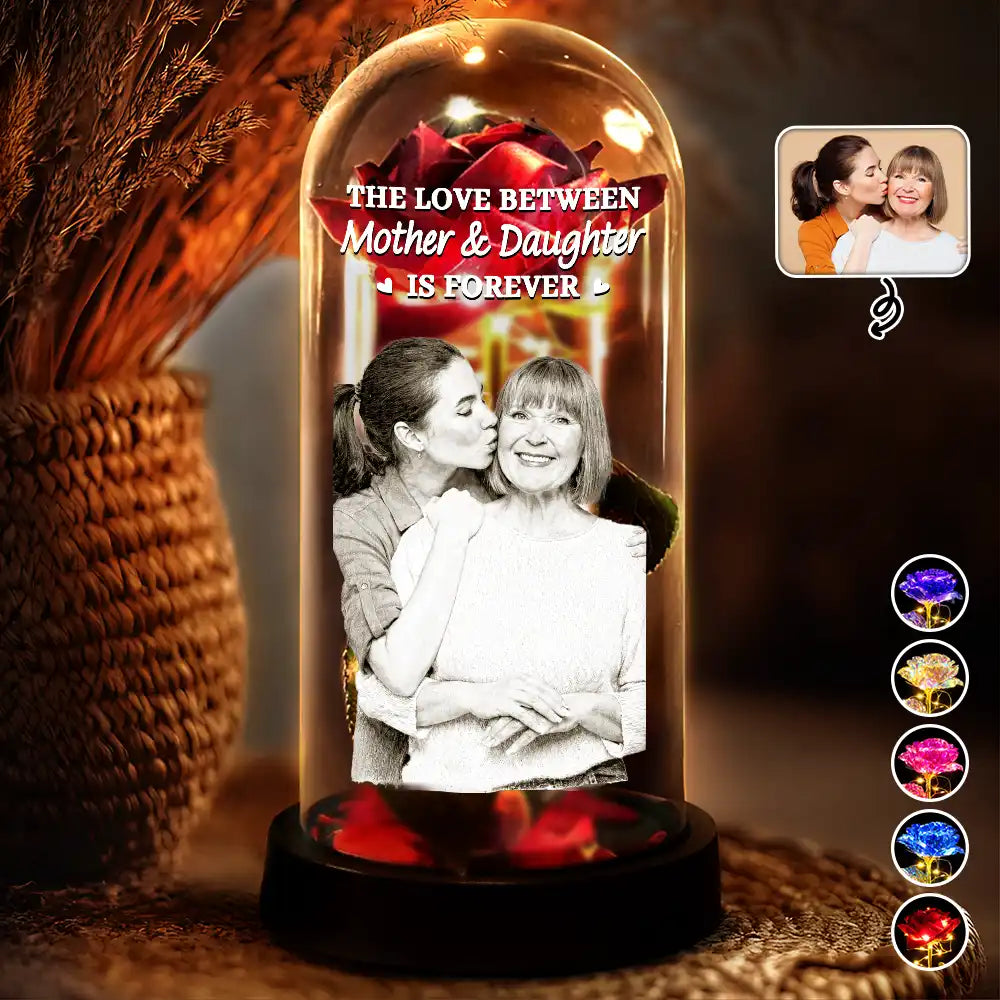 Custom Photo Pencil Sketch Art The Love Between Mother & Daughter Is Forever - Personalized Everlasting Rose Dome Lamp