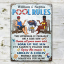 Pool Rules Swim At Your Own Risk Grilling Couple Husband Wife - Backyard Sign - Personalized Custom Classic Metal Signs