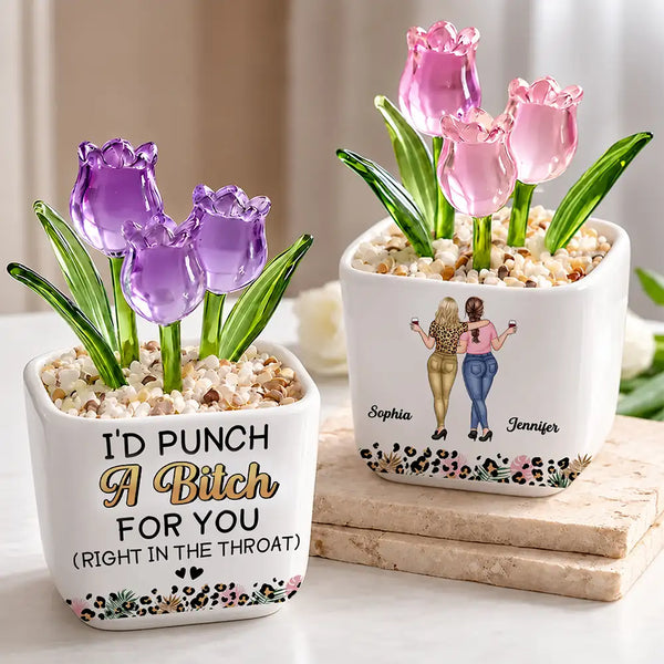 Afro Besties,Christmas,Gift For Bestie,Humorous,Top Market,Vector - Friendship Gift For Bestie, Best Friend - Personalized Punch For You Right In The Throat Glass Flower Plant Pot