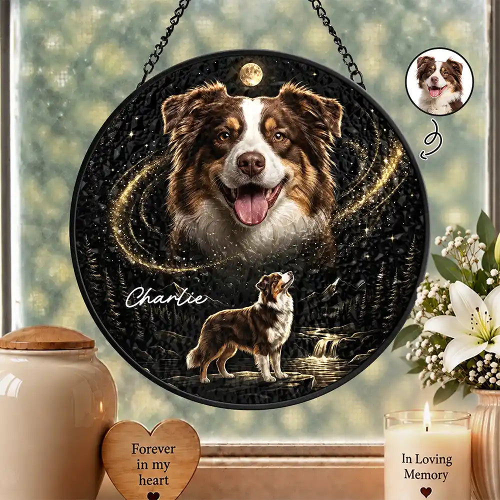 Art Design,Custom Photo,Healing,Indoor Decor,Memorial,Pet Lovers,Pet Memorial,Photo - Moon Pet  - Dog Memorial Gift For Pet Loss - Personalized Custom Photo Moonlight Night Sky Portrait Stained Glass Window Hanging Suncatcher