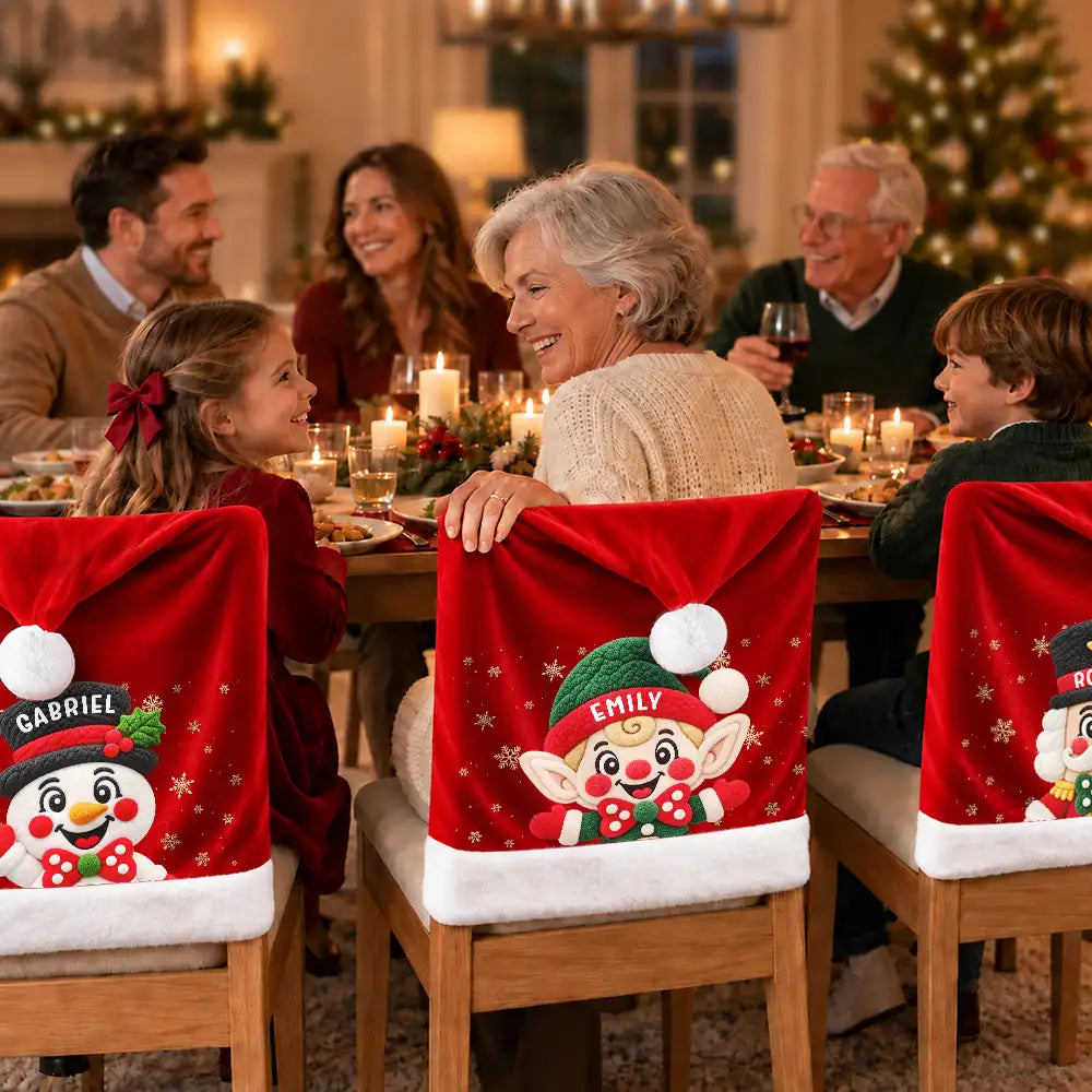 Christmas,Family,Happy,Icon - Christmas Table Decor Gift For Family - Personalized Faux Chenille Effect Santa Snowman Reindeer Chair Cover