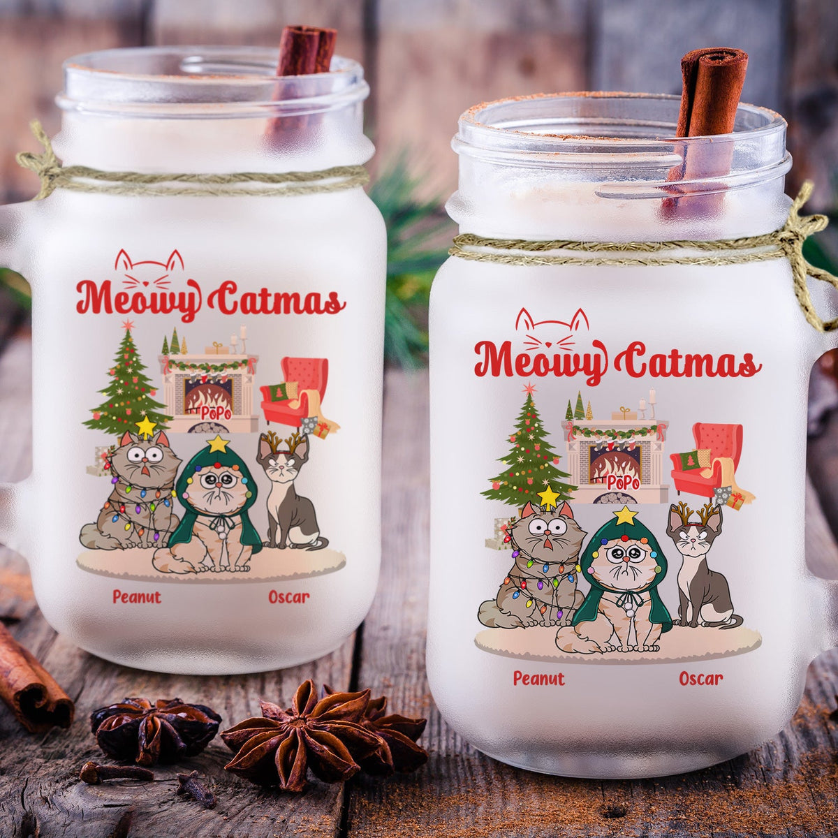 Meowy Catmas Funny Cartoon Cats - Christmas Gift For Cat Lovers - Personalized Mason Jar Cup With Straw