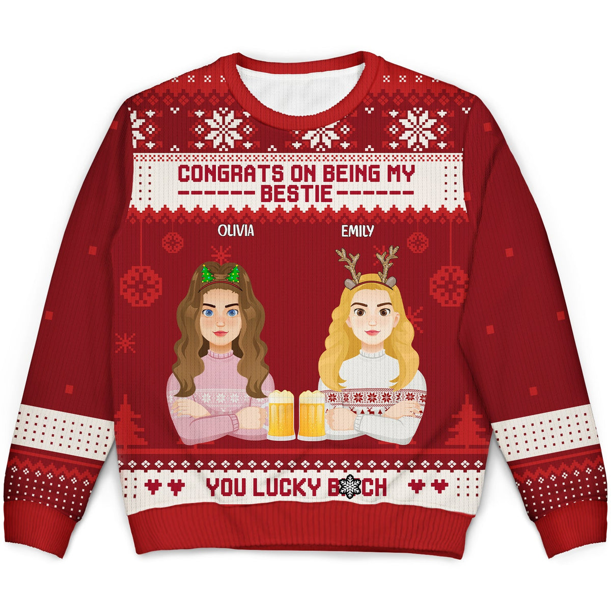 Christmas Flat Art Congrats On Being My Bestie - Gift For Bestie - Personalized Unisex Ugly Sweater