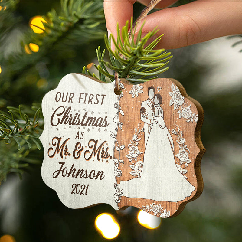 Wedding Couple Our First Christmas - Gift For Couple - Personalized Custom Wooden Ornament, Aluminum Ornament