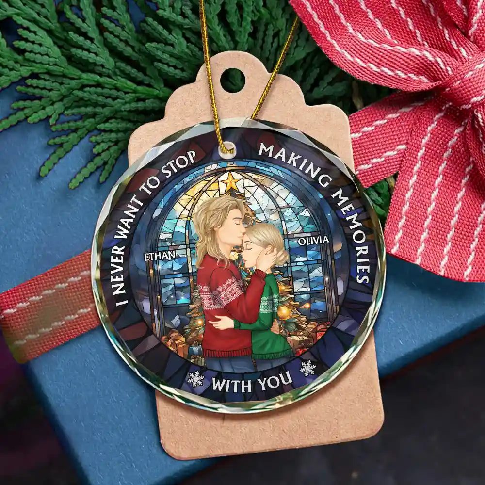 Gift For Couples - Couple Sideview Stained Glass Making Memories - Personalized Circle Glass Ornament