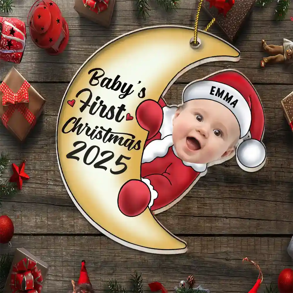 Custom Photo Christmas Santa Baby On The Moon - Personalized Cutout Acrylic Ornament