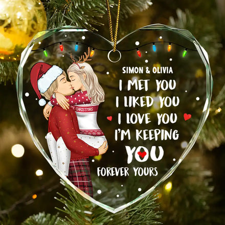 Christmas Couple Kissing Forever Yours - Personalized Heart Shaped Glass Ornament