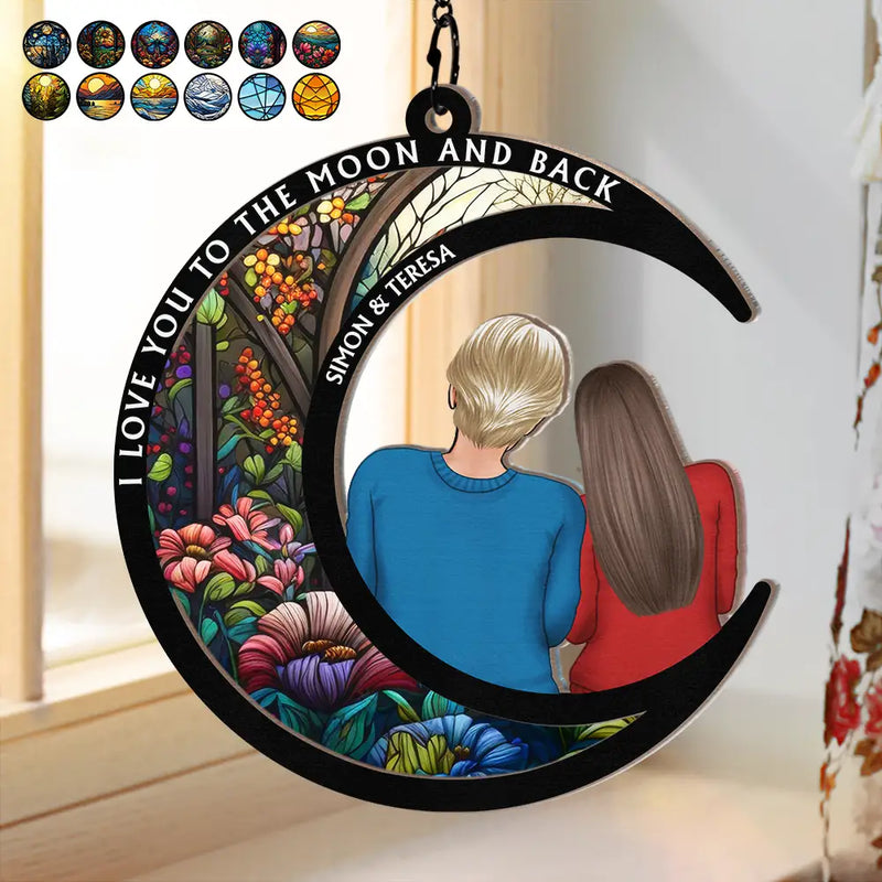 Gift For Couples,Gift For Husband,Gift For Wife,Gift For Boyfriend,Gift For Girlfriend - I Love You To The Moon And Back - Personalized Window Hanging Suncatcher Ornament

