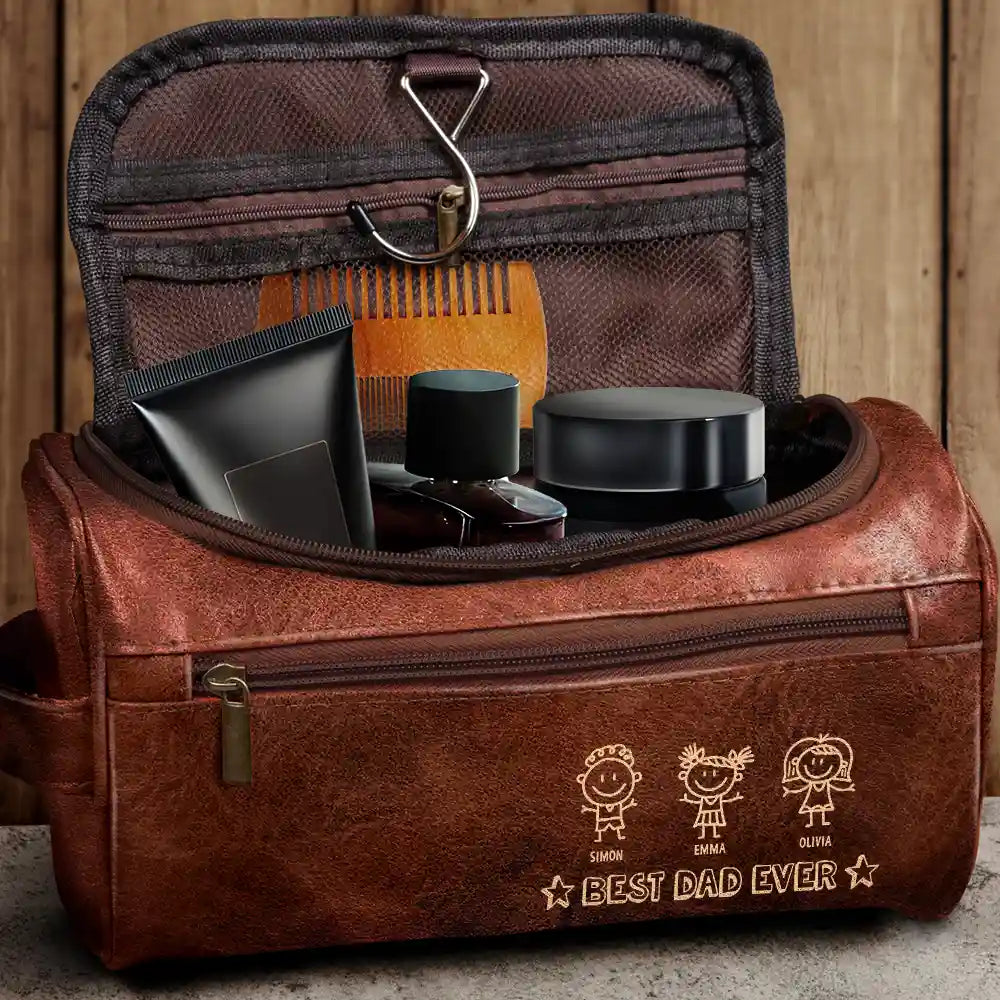 Stick Figure Best Dad Ever - Personalized Leather Toiletry Bag
