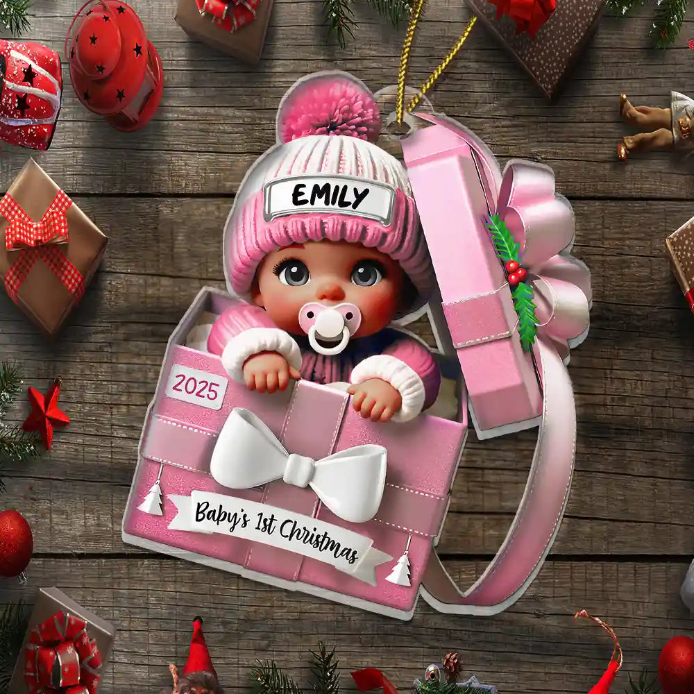 Christmas,New baby,New Dad,New Mom - Baby First Christmas, Baby Reveals, Gift Box 3D Effect - Personalized Custom Shaped Acrylic Ornament