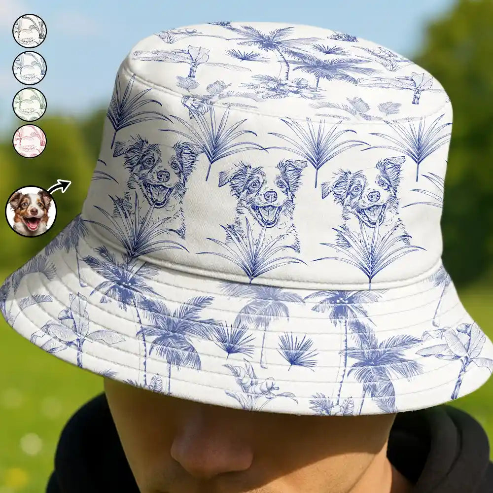 Gift For Yourself,Gift For Women,Gift For Men,Pet Lovers,Dog Lovers,Cat Lovers,Dog Mom,Dog Dad,Cat Mom,Cat Dad,Pet Mom,Pet Dad,Summer - Custom Photo Pencil Drawing Toile De Jouy Pattern Family Pet - Personalized Bucket Hat
