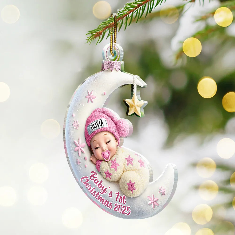 Christmas,New baby,New Dad,New Mom -  Baby Sleeping On The Moon First Christmas 3D Effect - Personalized Custom Shaped Acrylic Ornament