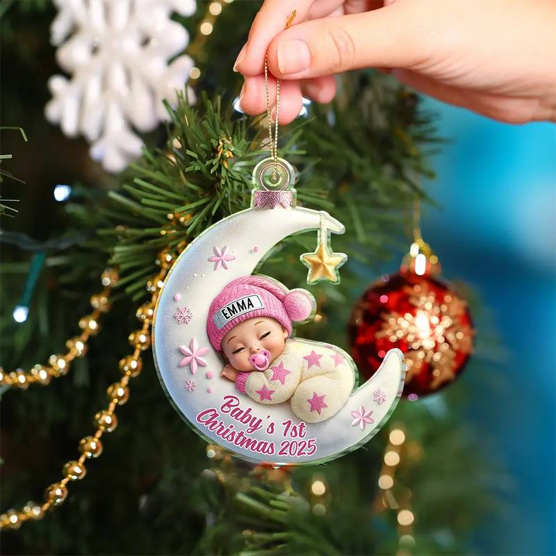 Christmas,New baby,New Dad,New Mom -  Baby Sleeping On The Moon First Christmas 3D Effect - Personalized Custom Shaped Acrylic Ornament