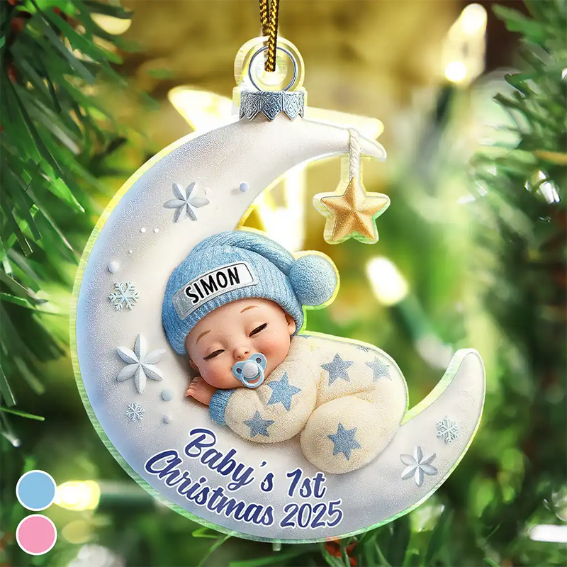 Christmas,New baby,New Dad,New Mom -  Baby Sleeping On The Moon First Christmas 3D Effect - Personalized Custom Shaped Acrylic Ornament