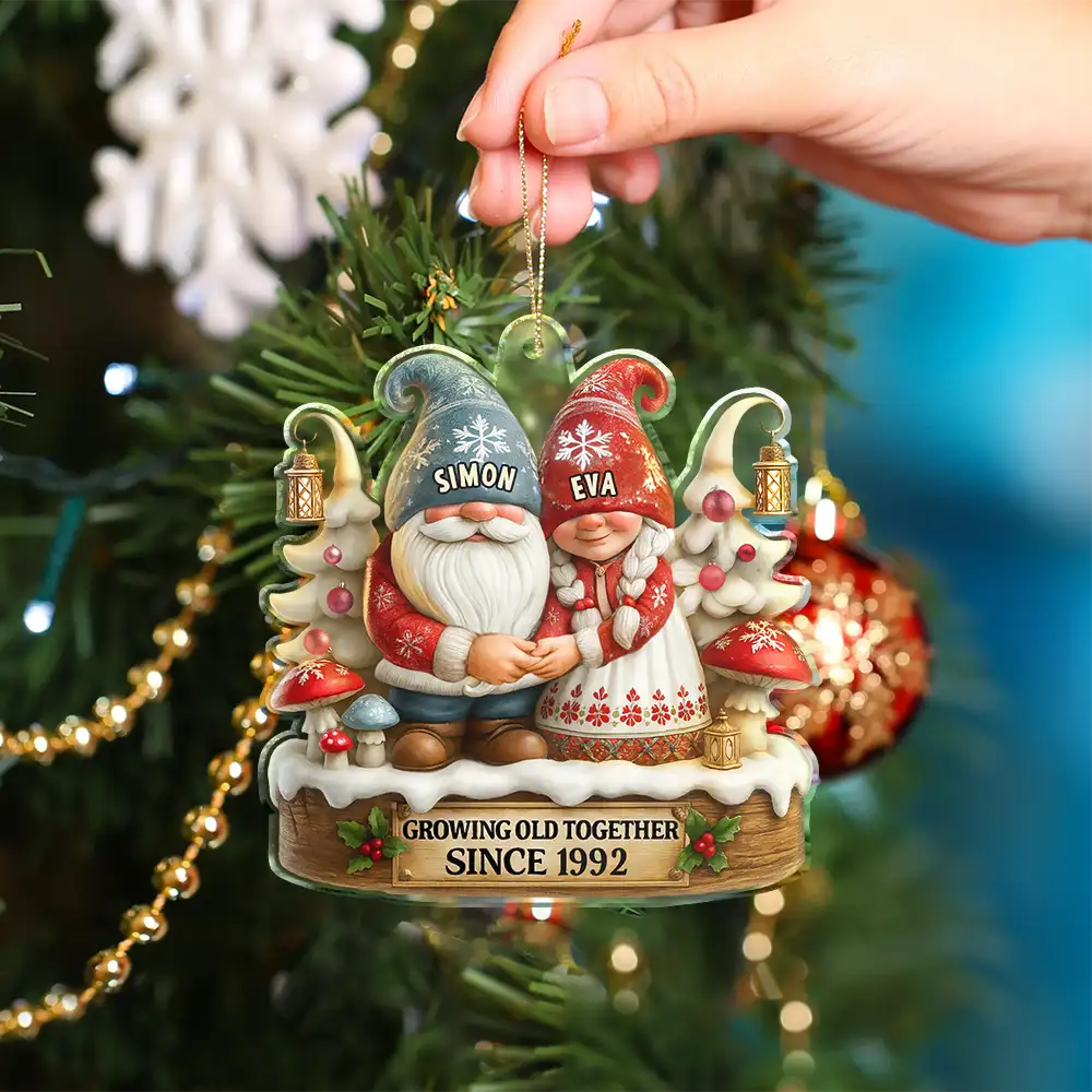 Christmas,Gift For Couples,Old Couples,Gift For Husband,Gift For Wife,Happy - 3D Effect Gnome Couple Growing Old Together - Personalized Custom Shaped Acrylic Ornament