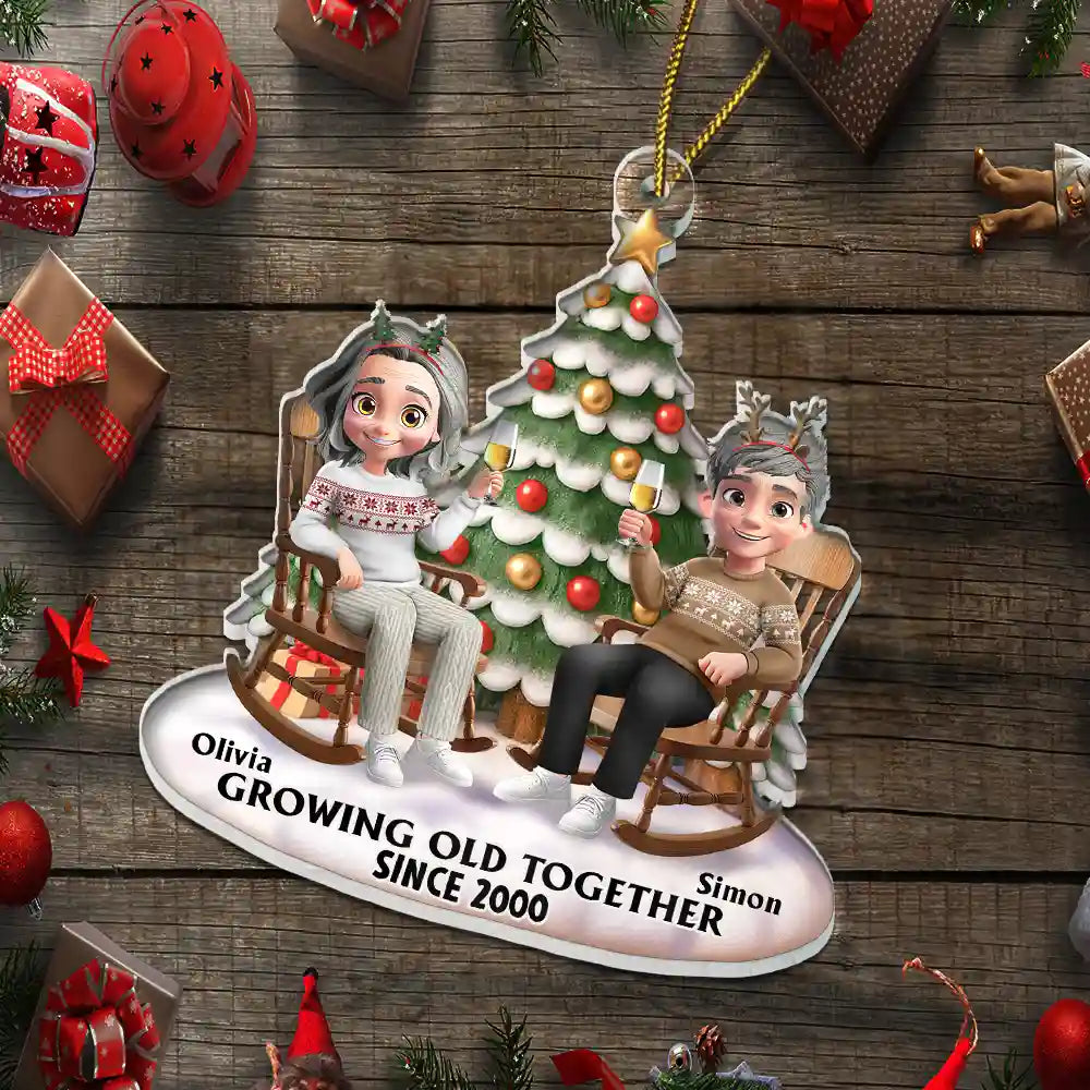 Christmas,Gift For Couples,Old Couples,Gift For Husband,Gift For Wife,Gift For Boyfriend,Gift For Girlfriend,Happy - Growing Old Together 3D Effect Couple Sitting - Personalized Custom Shaped Acrylic Ornament