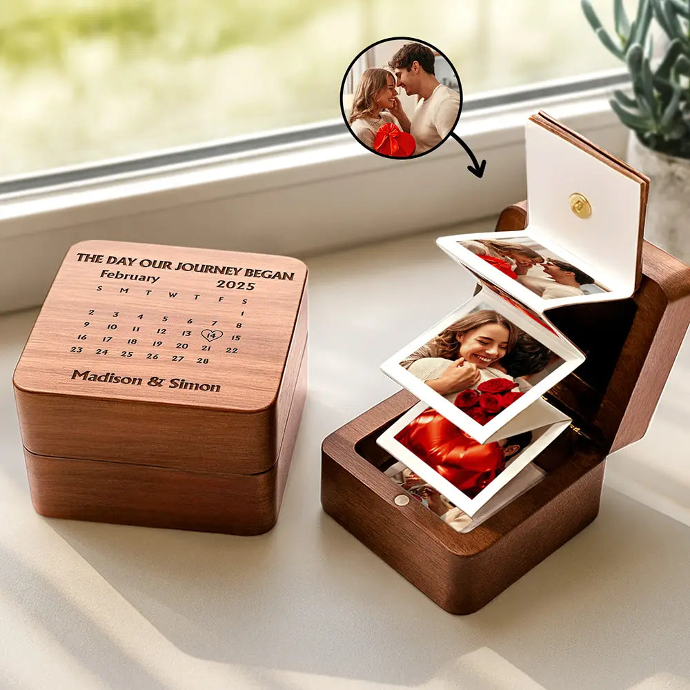 Gift For Couples,Old Couples,Gift For Husband,Gift For Boyfriend,Gift For Girlfriend,Love,Wedding,Wedding Anniversary,Anniversary - Custom Photo Calendar The Day Our Journey Began - Personalized Wooden Accordion Photo Box